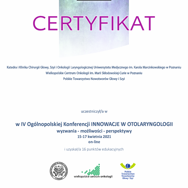 certyfikat innowacje w otolaryngologii